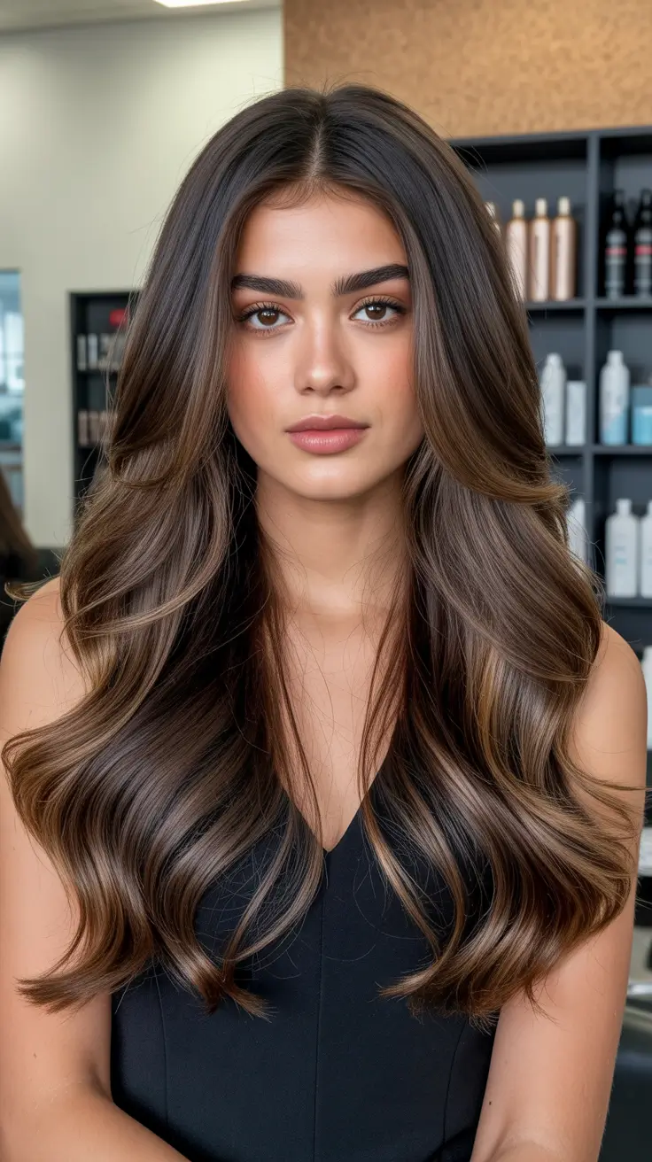 new spring balayage hair color ideas 2026 Velvet Cocoa Balayage with Soft Glam Dimension