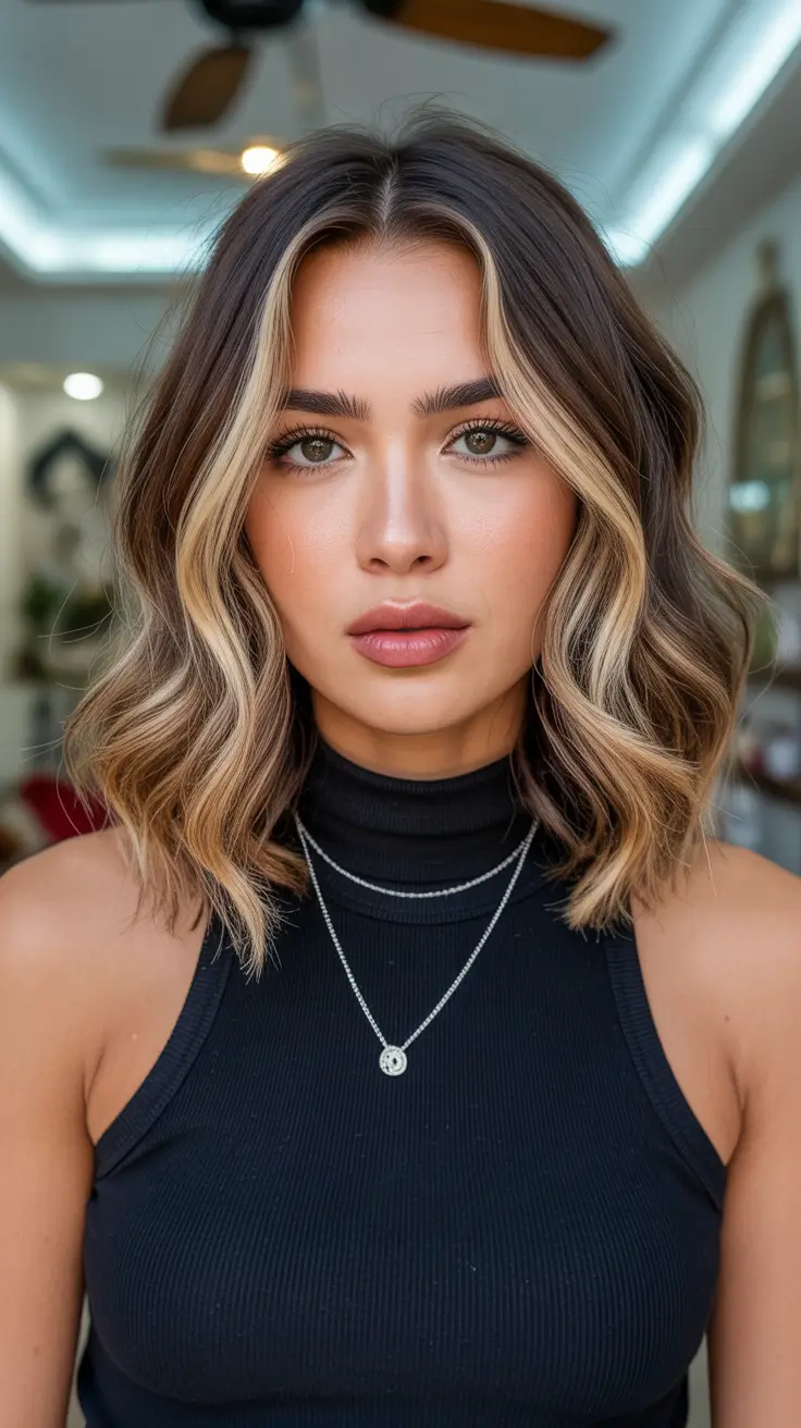 new spring balayage hair color ideas 2026 Soft Wavy Balayage Bob with Golden Latte Highlights