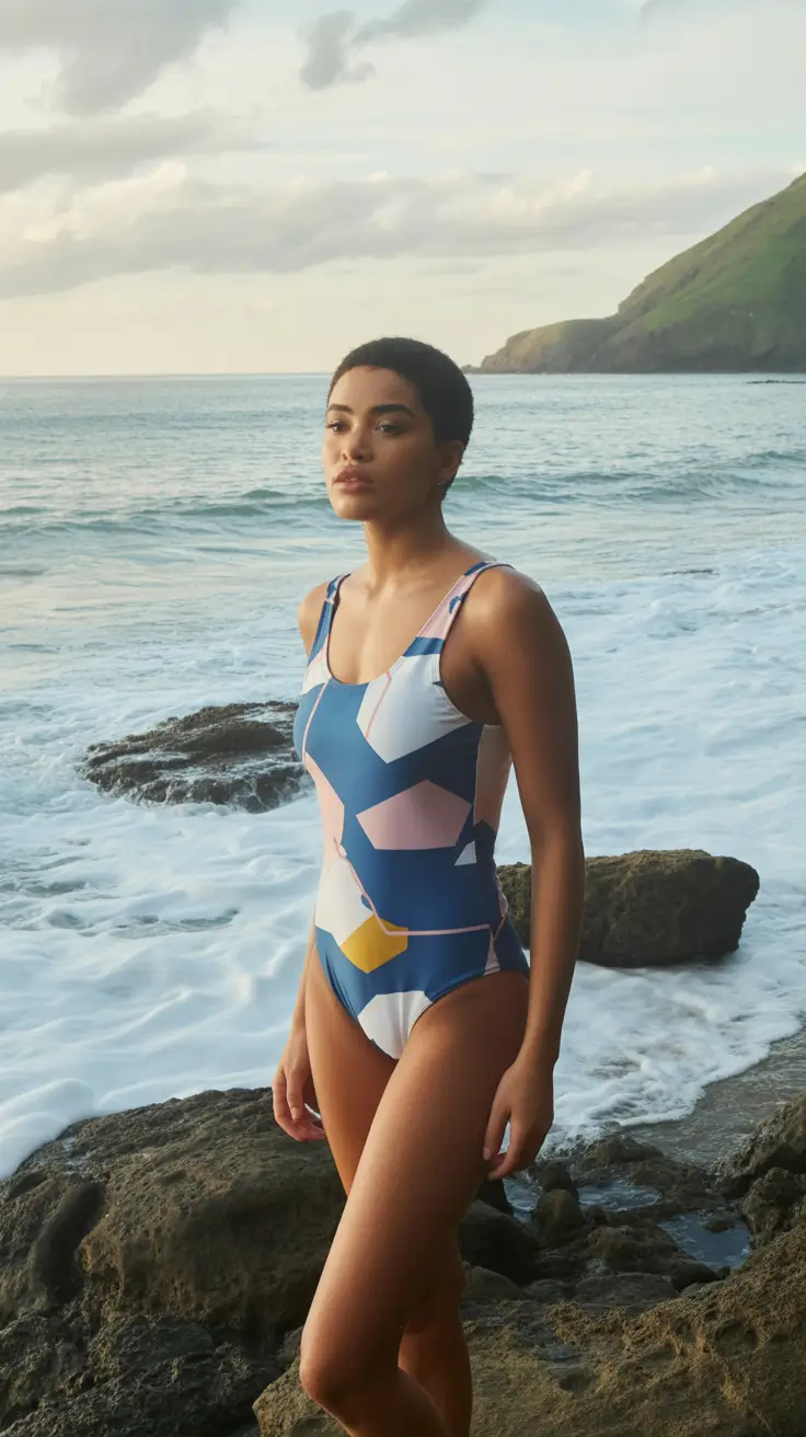 one piece swimsuit ideas summer 2026 aesthetic Graphic Pastel Geometry for Artistic Shoreline Moments