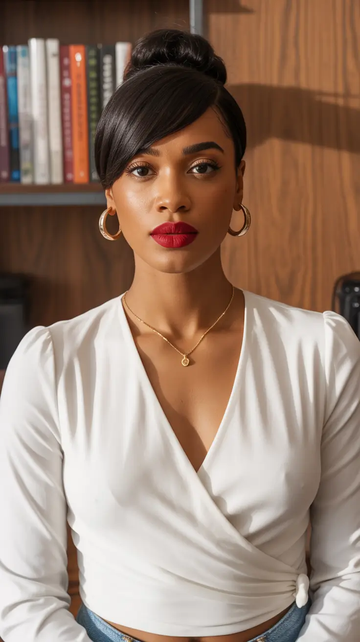 popular spring hairstyles for black women 2026 Elegant Sleek Bun with Side-Swept Bangs