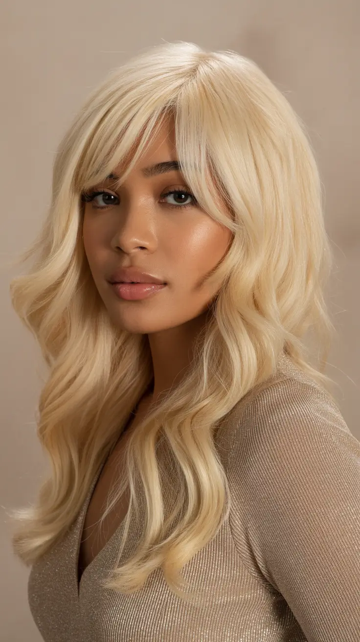 popular spring hairstyles for black women 2026 Soft Platinum Waves with Feathered Bangs
