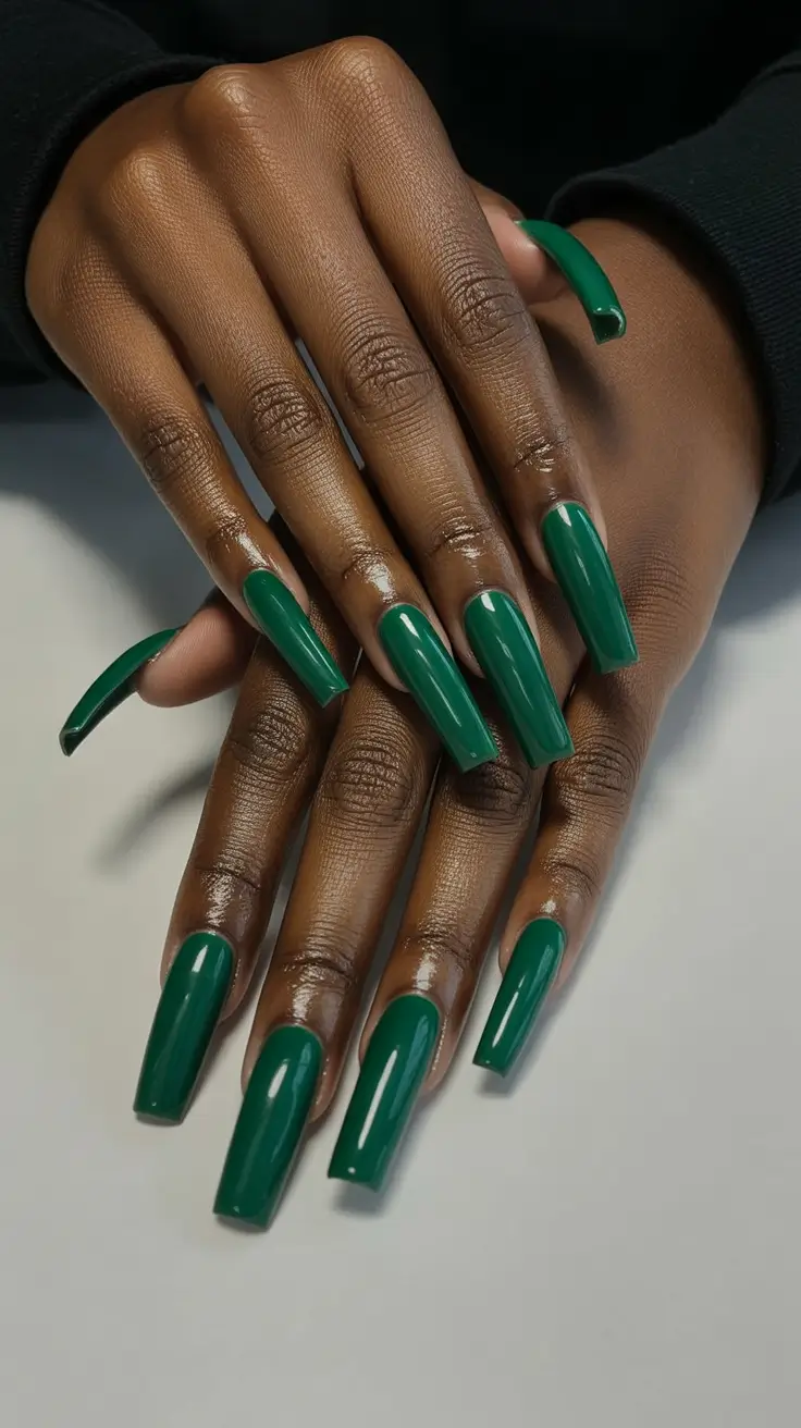 premium spring nails for dark skin 2026 Emerald Ultra-Length Nails for Editorial Impact