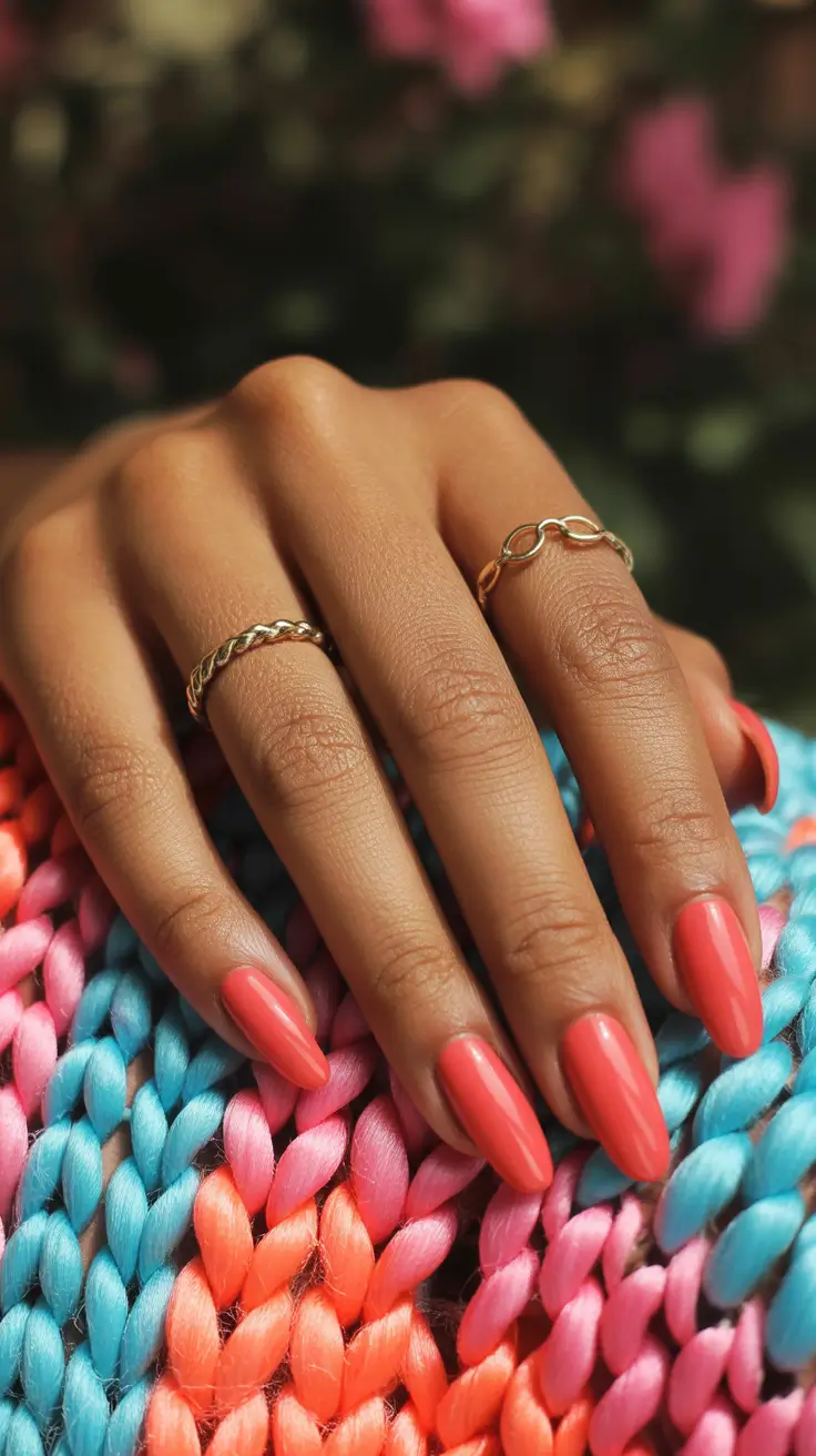 premium spring nails for dark skin 2026 Coral Glow Almond Nails for Warm Spring Days