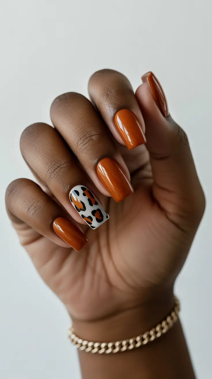 premium spring nails for dark skin 2026 Caramel Orange with Playful Leopard Accent
