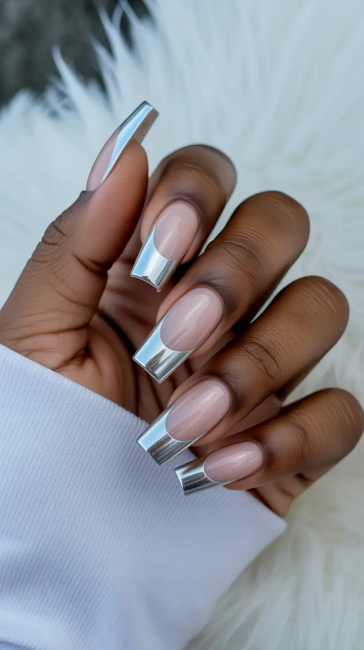 premium spring nails for dark skin 2026 Chrome French Illusion in Soft Nude