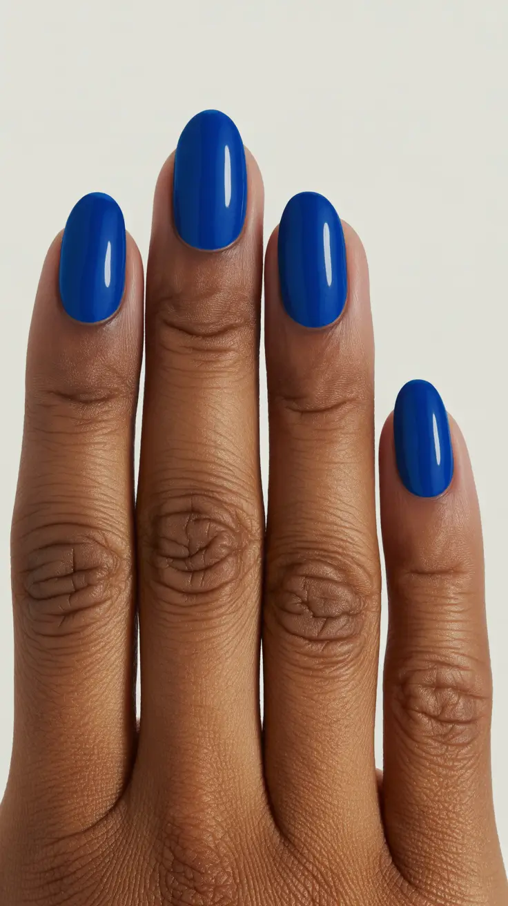 premium spring nails for dark skin 2026 Electric Blue Short Oval Nails with Modern Pop