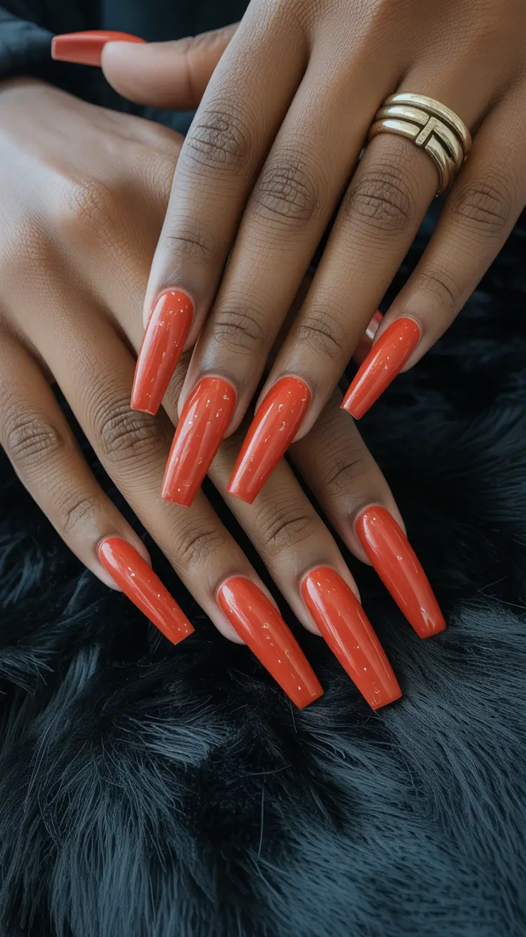 premium spring nails for dark skin 2026 Glossy Tangerine Coffin Nails with Spring Heat