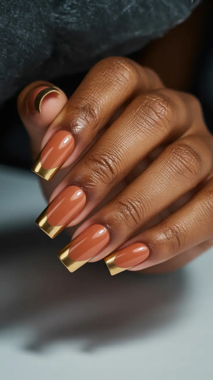premium spring nails for dark skin 2026 Golden French Tips on Caramel Nude Base