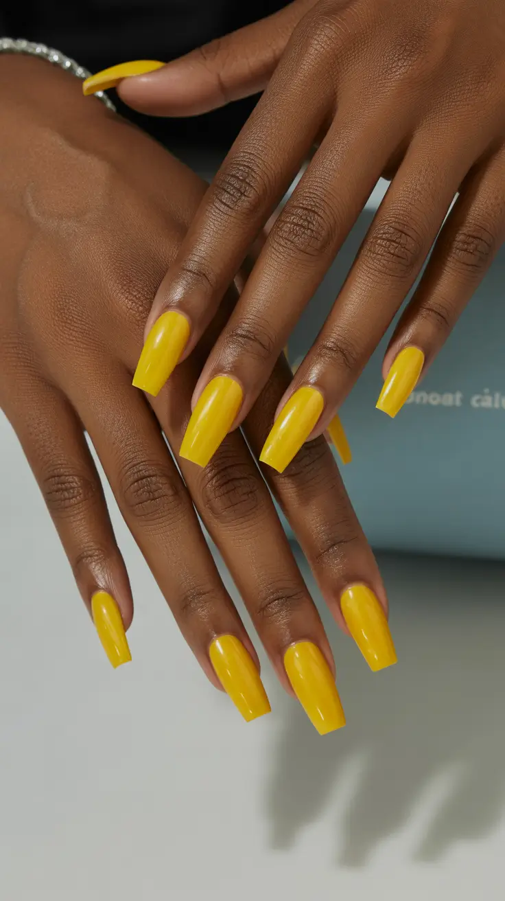 premium spring nails for dark skin 2026 Sunshine Yellow Square Nails for Bold Minimalism