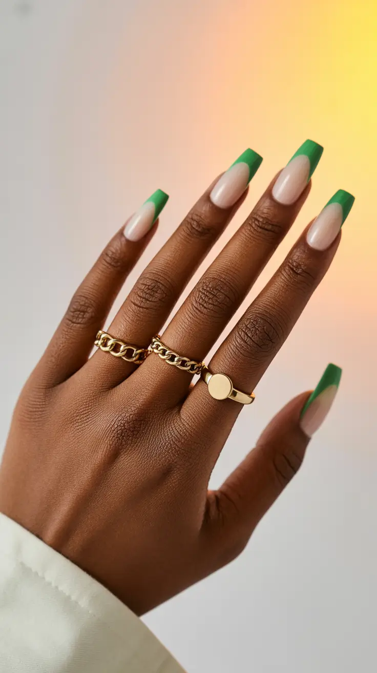premium spring nails for dark skin 2026 Green French Tips with Modern Edge