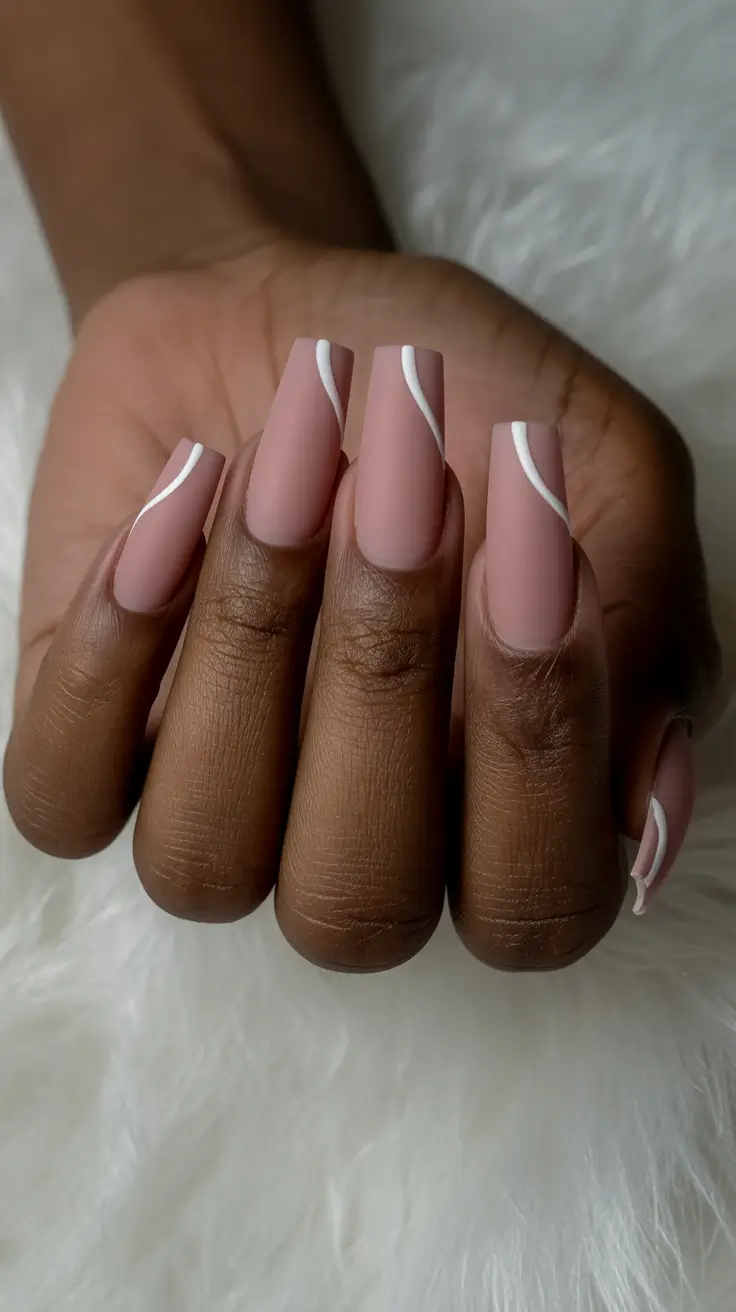 premium spring nails for dark skin 2026 Matte Blush Waves with Minimalist Art