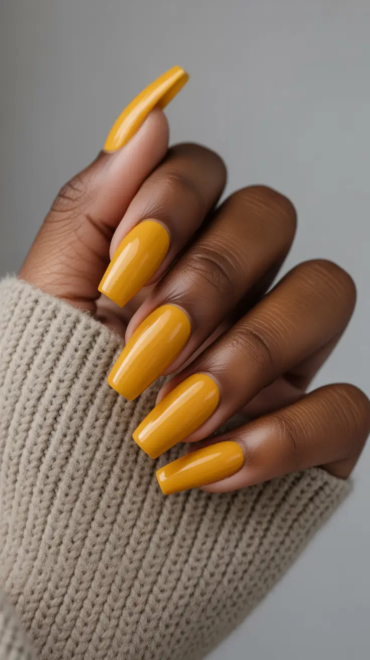 premium spring nails for dark skin 2026 Sunlit Mustard Square Nails for Statement Spring