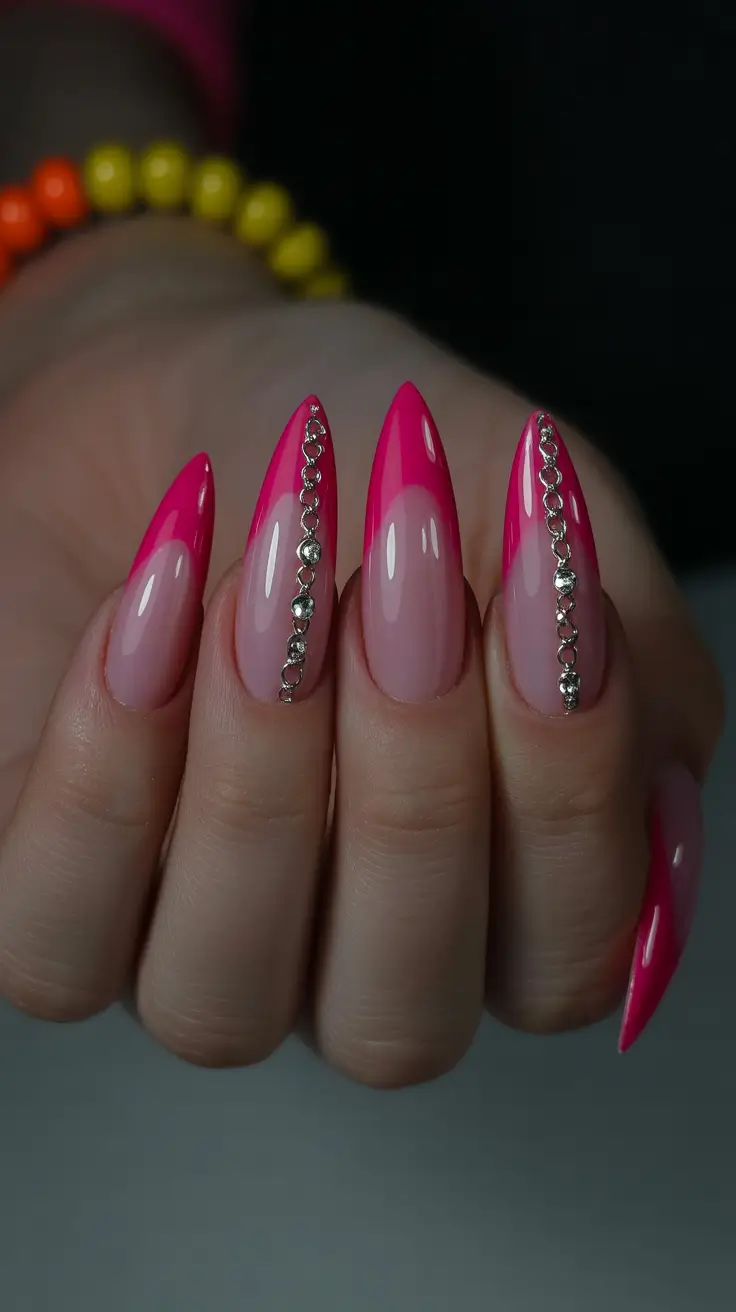 pretty pink spring nails 2026 Hot Pink Drama with Crystal Chain Accents
