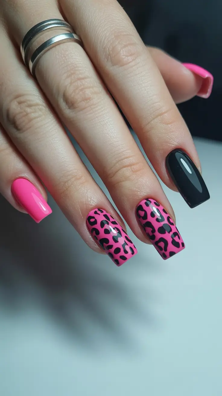 pretty pink spring nails 2026 Bold Pink and Black Leopard Accent Nails