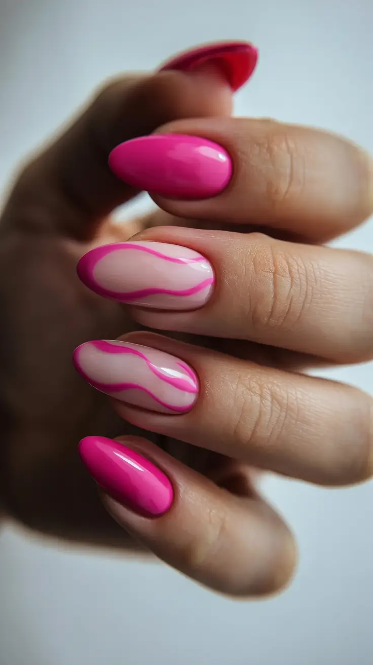 pretty pink spring nails 2026 Abstract Pink Wave Art on Glossy Base