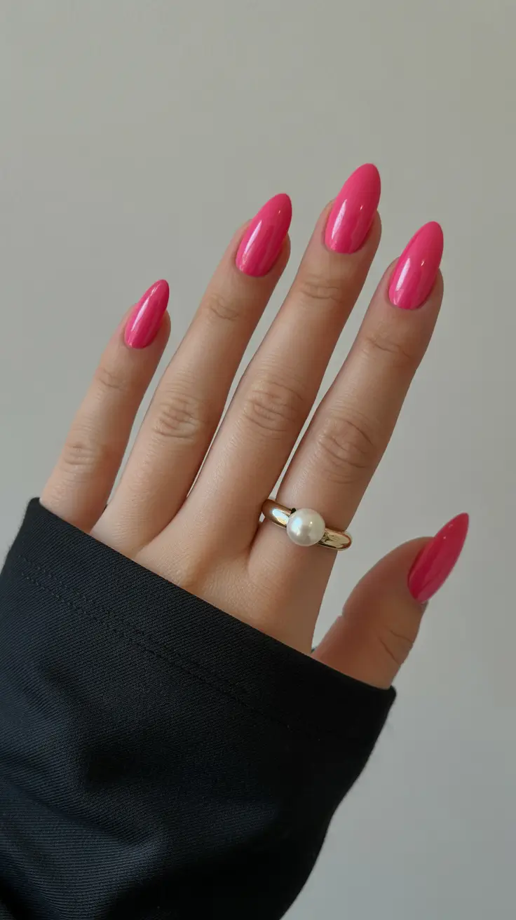 pretty pink spring nails 2026 Classic Almond Hot Pink Statement Manicure