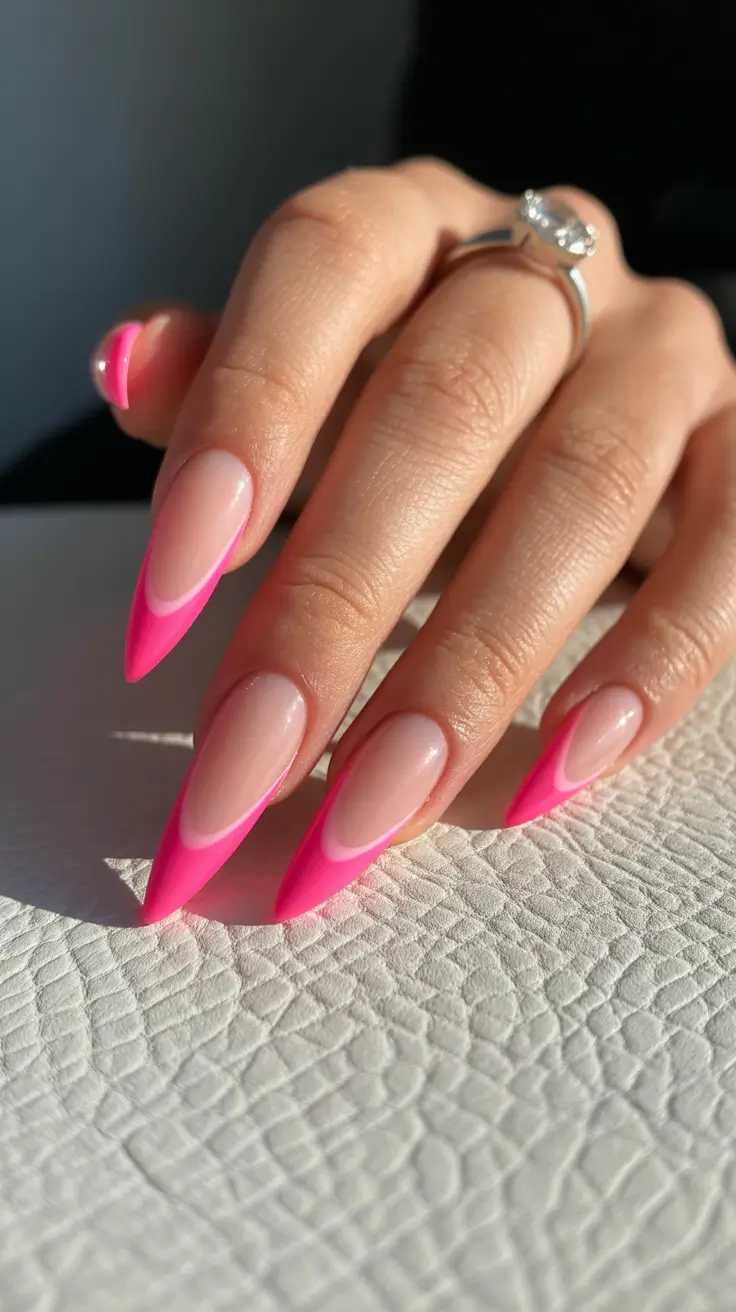 pretty pink spring nails 2026 Sharp Almond French with Neon Pink Frame
