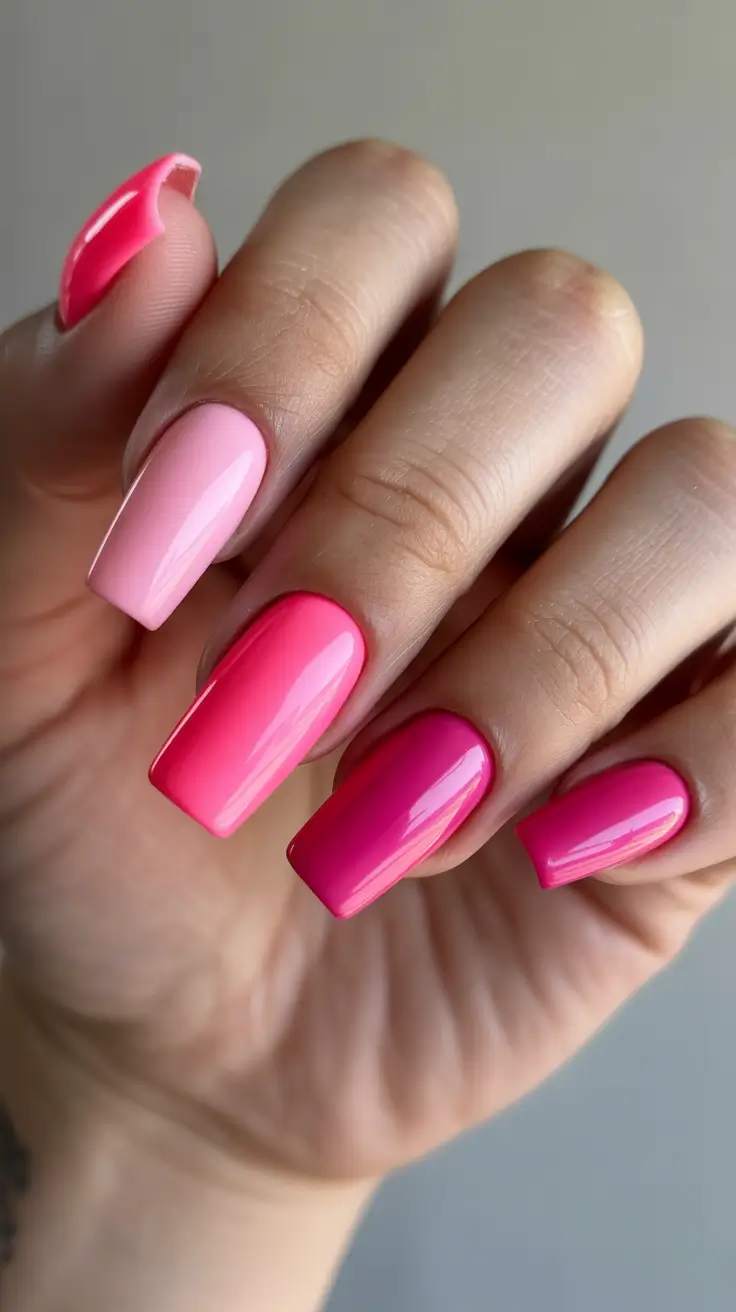 pretty pink spring nails 2026 Glossy Pink Gradient Square Nails