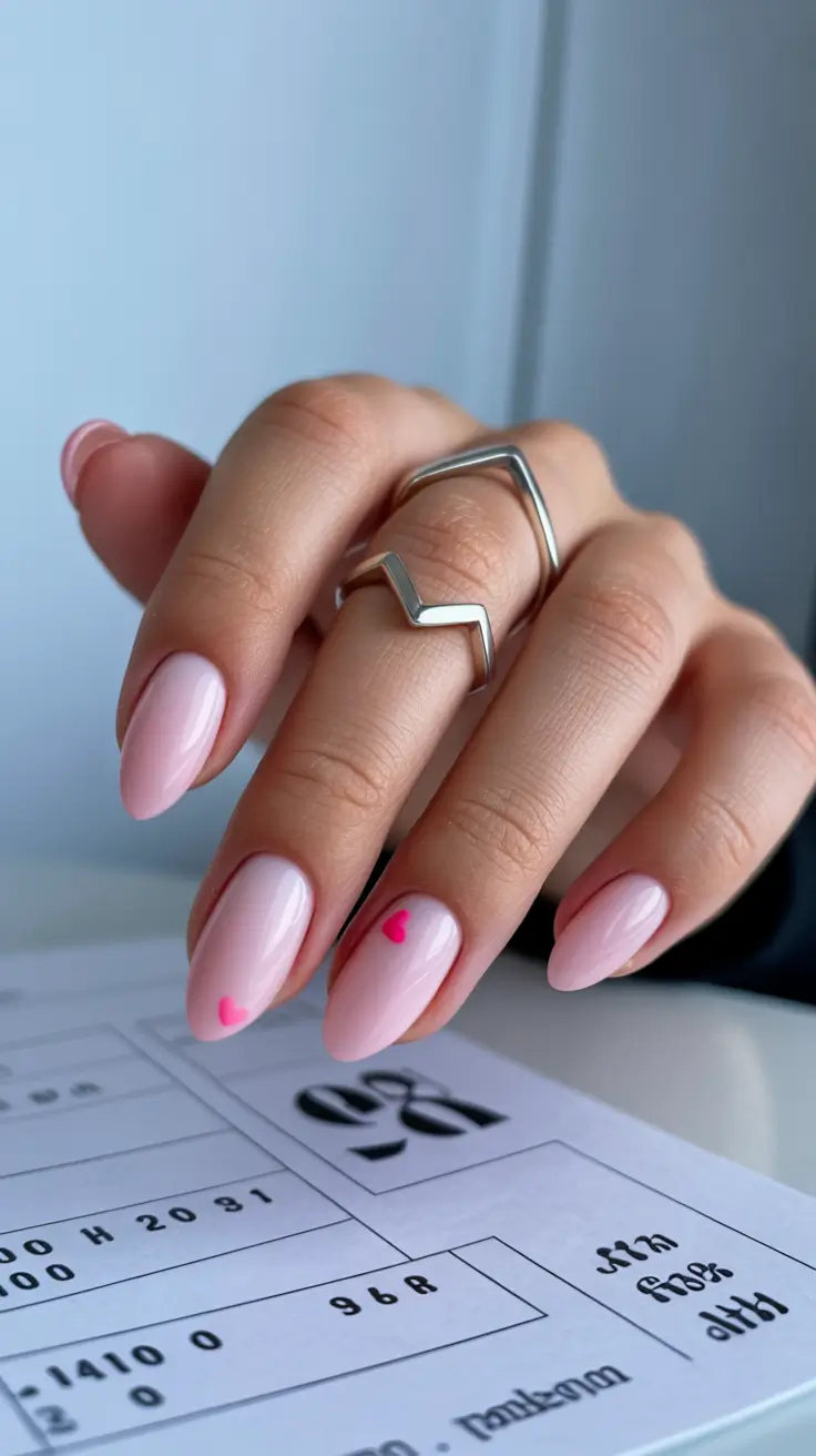 pretty pink spring nails 2026 Minimalist Nude Pink Nails with Tiny Heart Accents