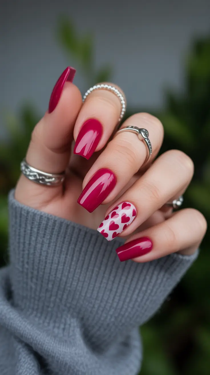 pretty pink spring nails 2026 Deep Pink Gloss with Playful Heart Accent Nail