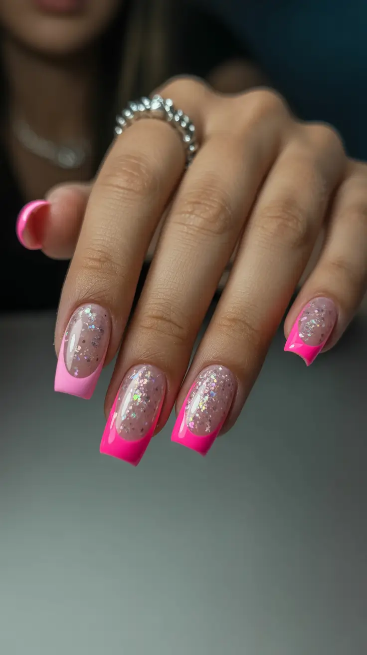 pretty pink spring nails 2026 Glittery Square French with Playful Confetti Sparkle