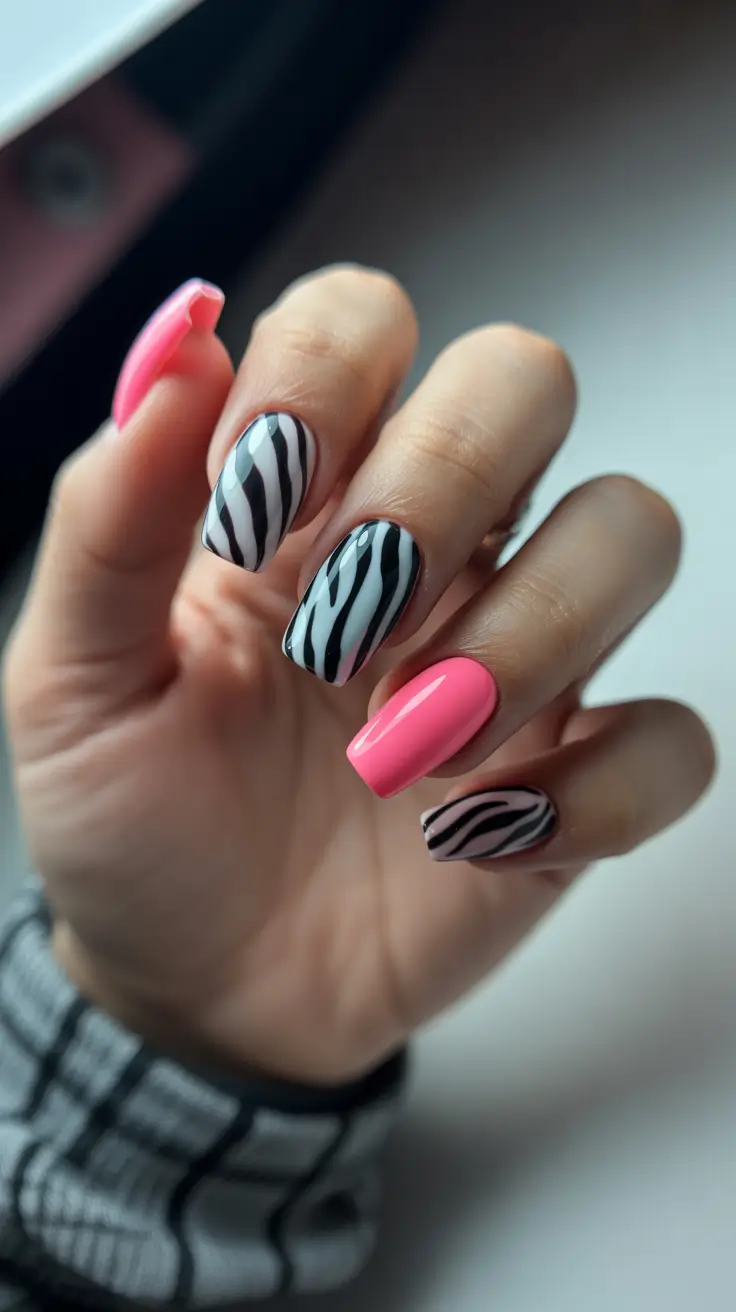 pretty pink spring nails 2026 Pink and Zebra Pattern Statement Nails
