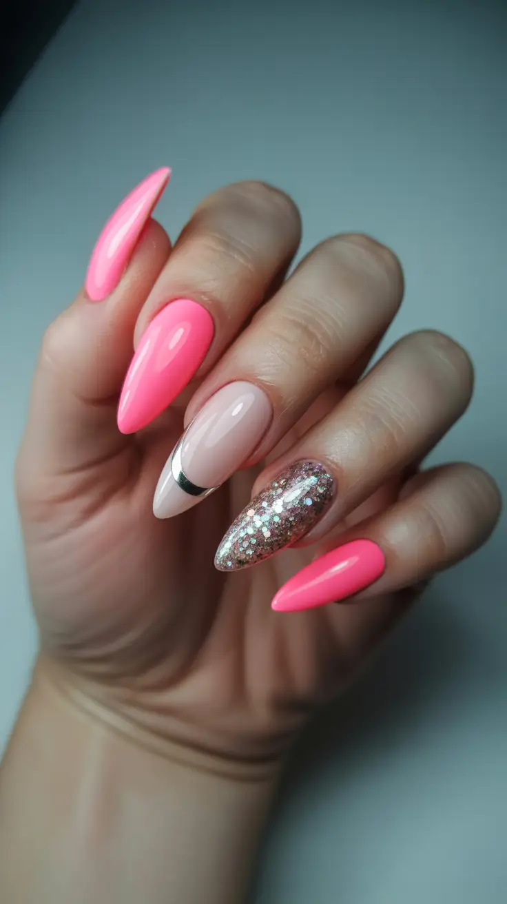 pretty pink spring nails 2026 Hot Pink Almond Mix with Glitter and Modern French Accent