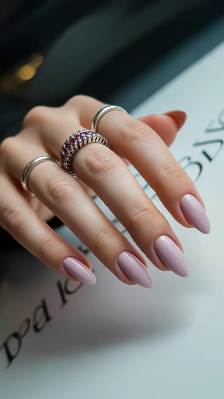 pretty pink spring nails 2026 Soft Lilac Pink Minimalist Almond Nails