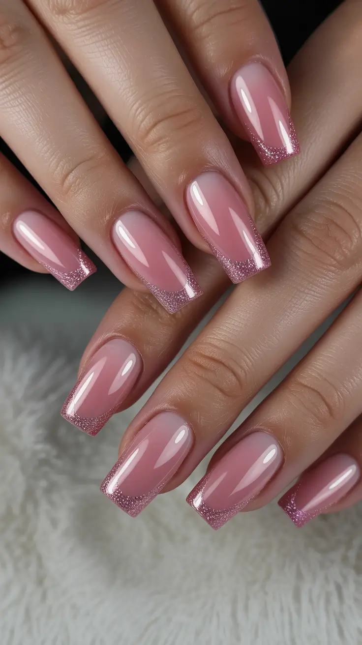 pretty pink spring nails 2026 Soft Pink Glitter French Elegance