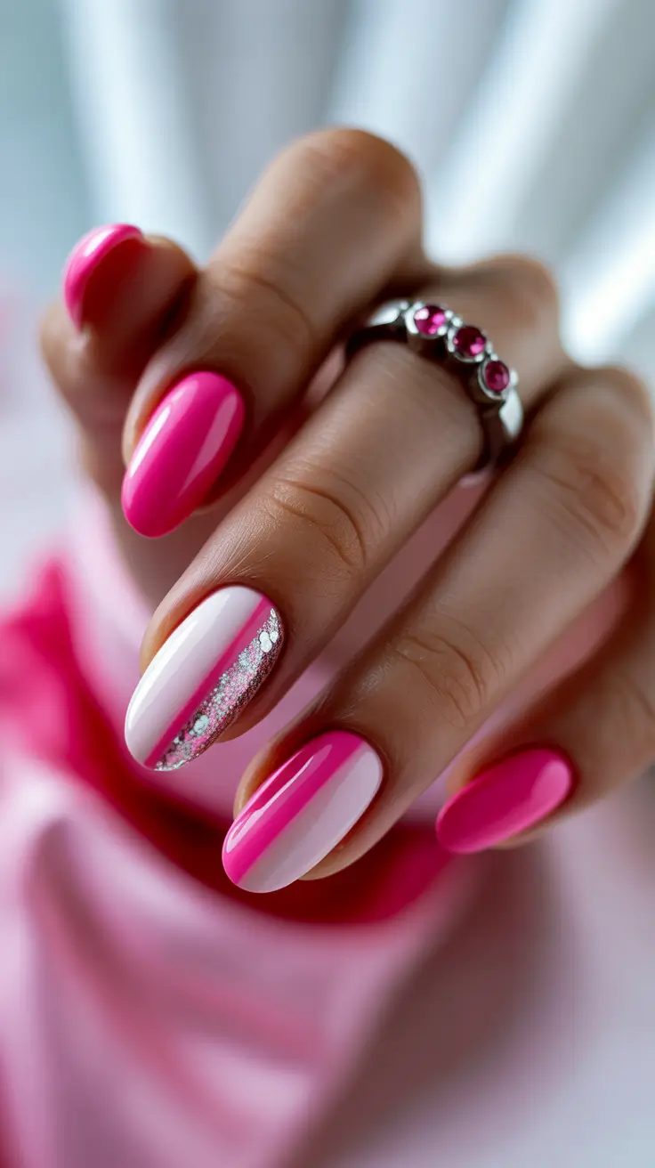 pretty pink spring nails 2026 Graphic Pink and White Accent with Crystal Sparkle