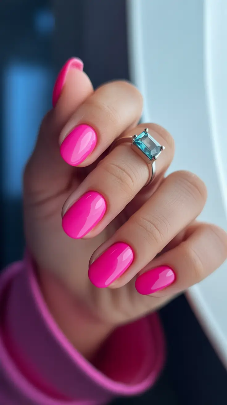 pretty pink spring nails 2026 Ultra Glossy Short Neon Pink Confidence