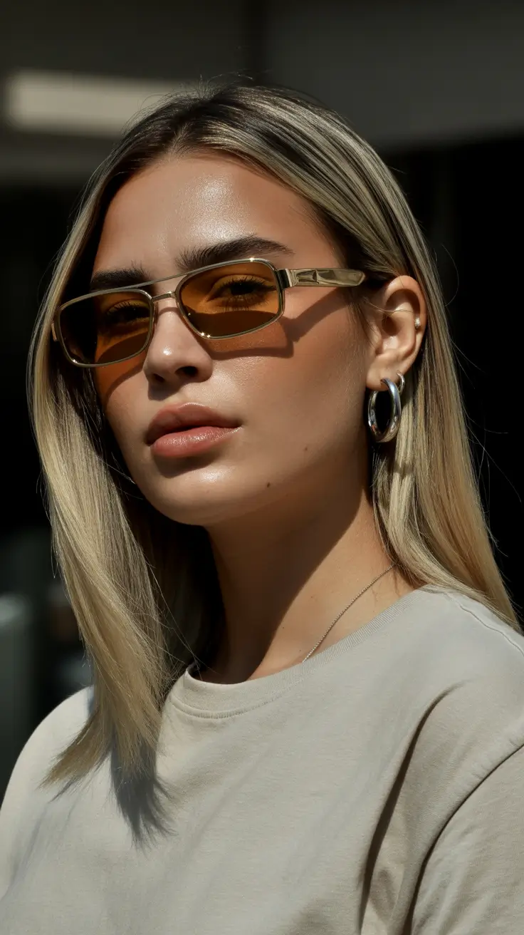 summer hair color for blondes 2026 warm tones Glossy Warm Beige Blonde with Modern Blue Highlight Accent