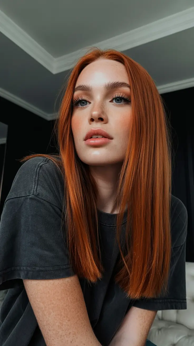 summer hair color ideas 2026 low maintenance Sunset Copper Straight Cut for Modern Red Heads