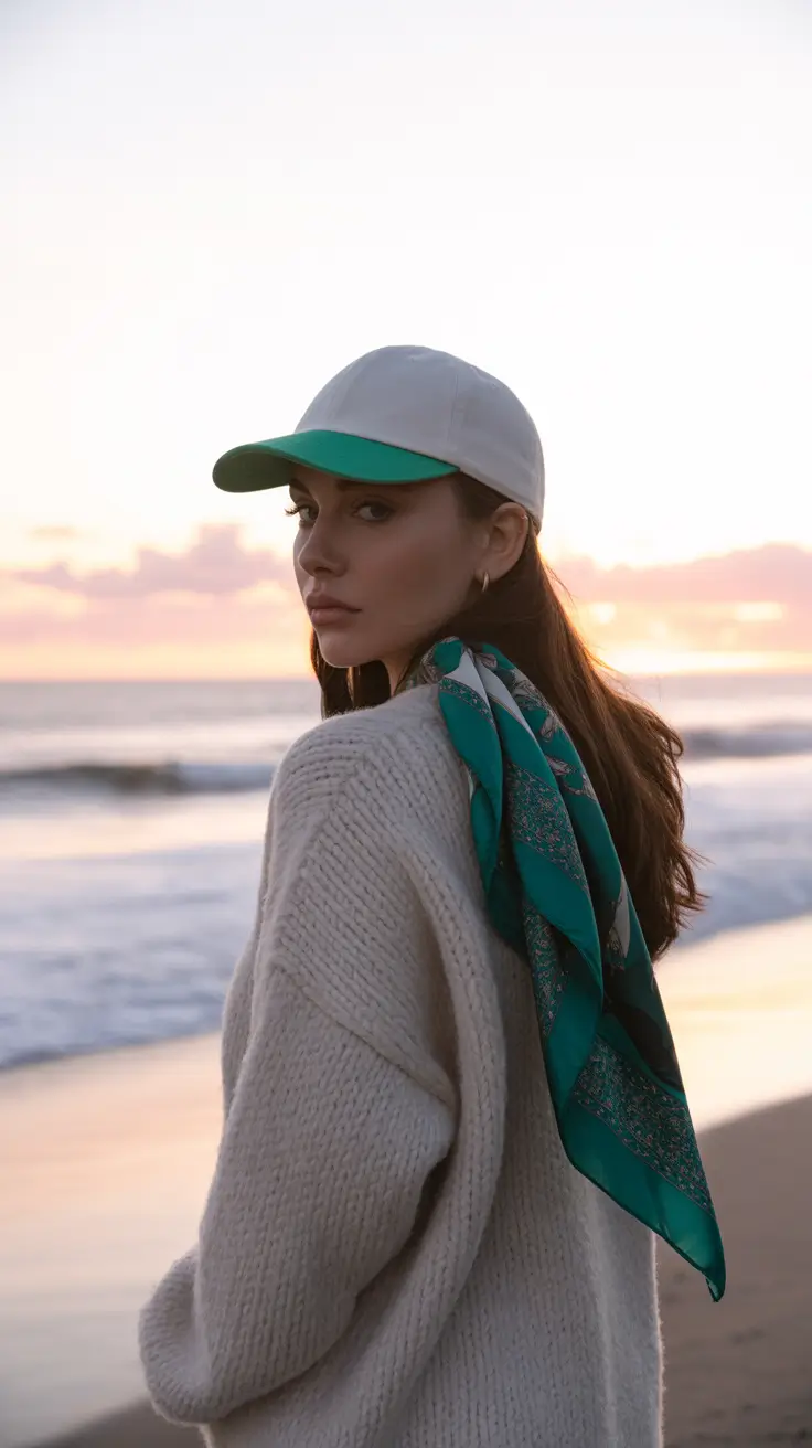 summer heads 2026 Baseball Cap & Soft Scarf Layering at Sunset
