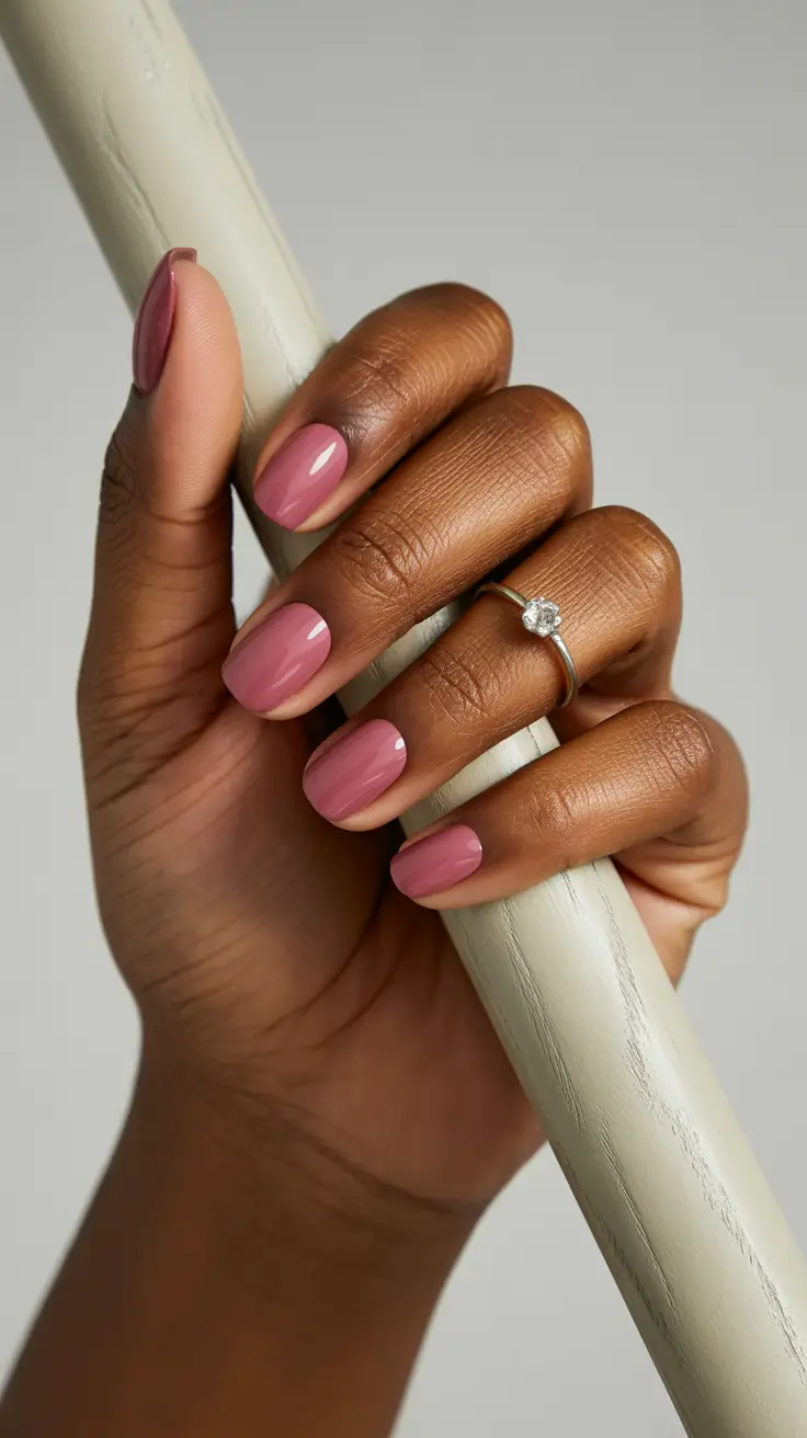 summer nail colors ideas 2026 for dark skin Glossy Dusty Rose Short Nails for Everyday Romance