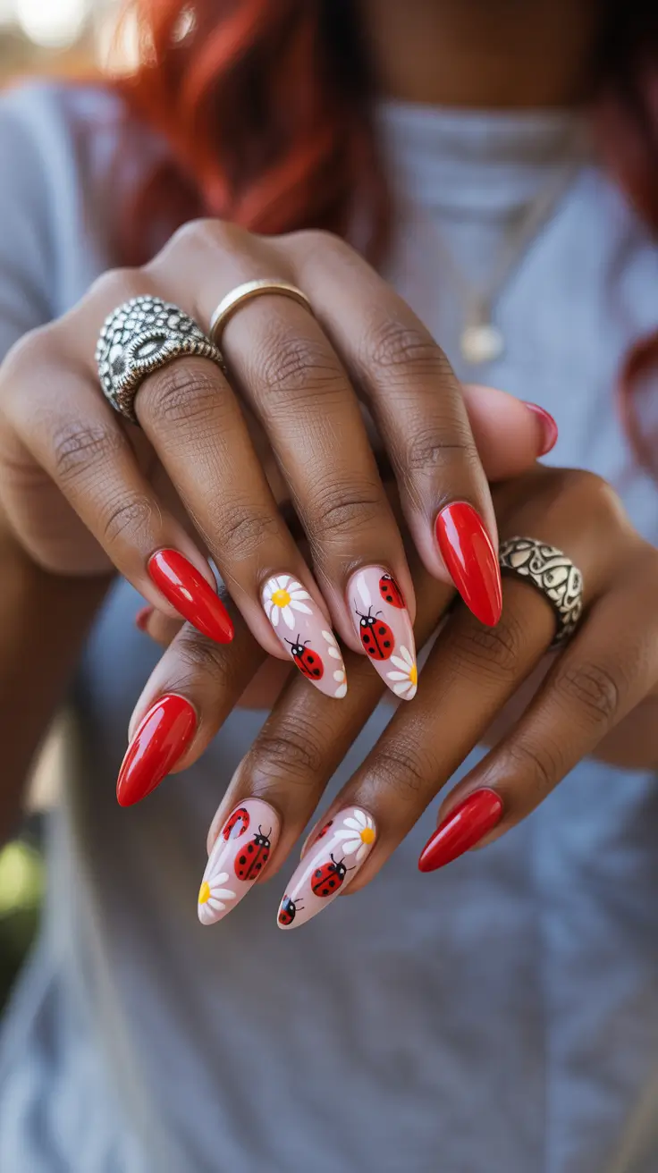 summer nail colors ideas 2026 for dark skin Glossy Cherry Red with Daisy and Ladybug Accents