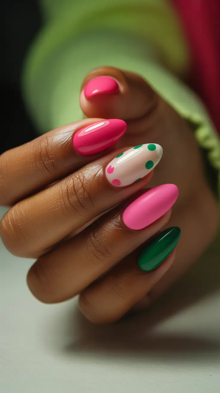 summer nail colors ideas 2026 for dark skin Hot Pink and Emerald Pop with Graphic Polka Details