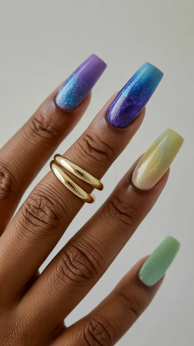 summer nail colors ideas 2026 for dark skin Iridescent Pastel Gradient with Glittered Ombre Shine