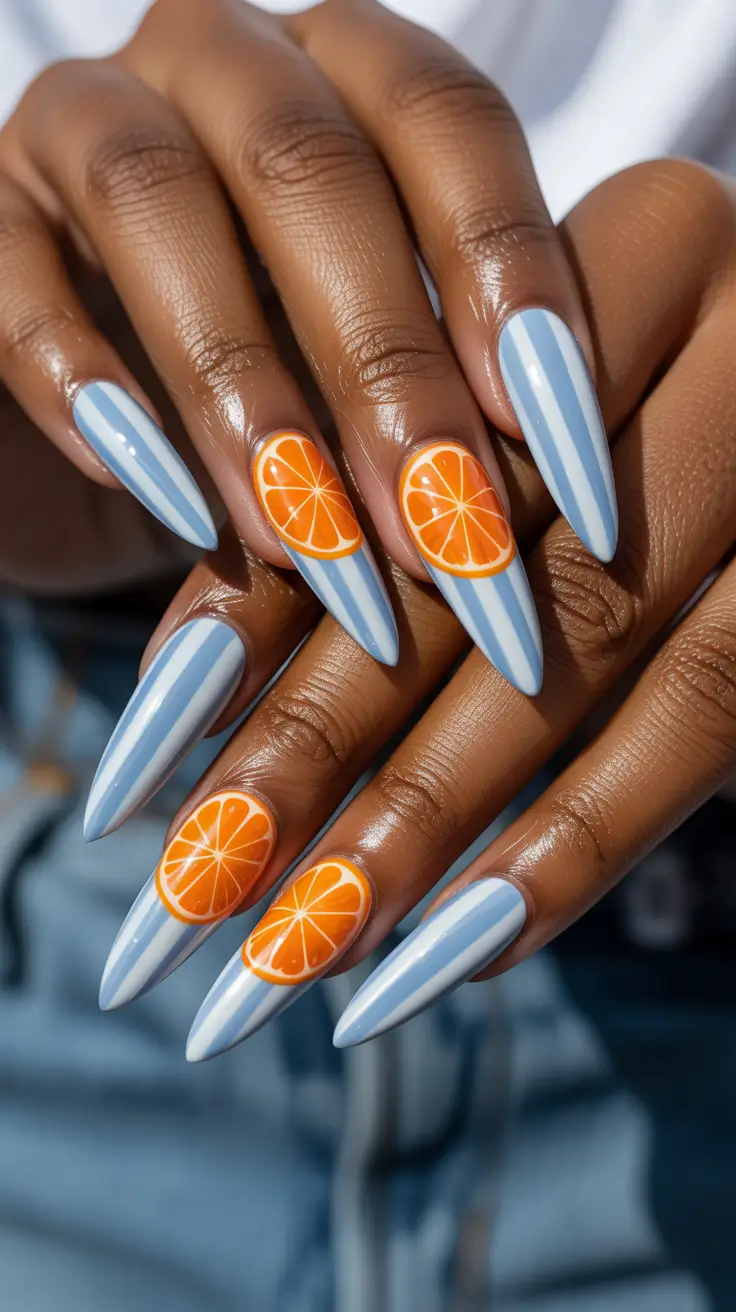 summer nail colors ideas 2026 for dark skin Sky Blue Pinstripes with Juicy Orange Slice Art