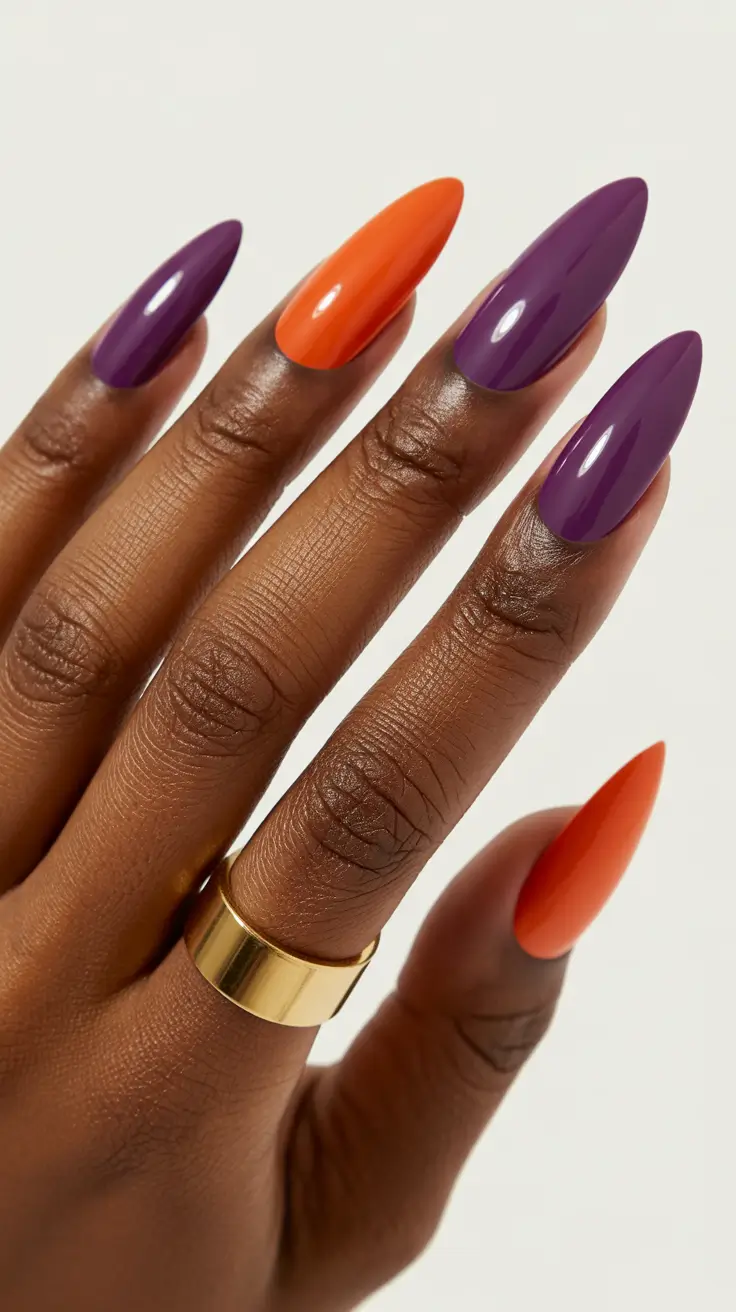 summer nail colors ideas 2026 for dark skin Bold Purple and Tangerine Alternating Statement Set