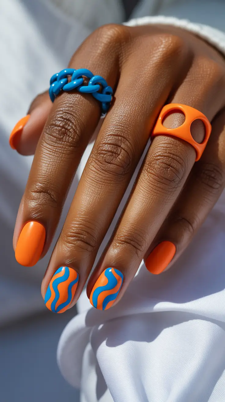 summer nail colors ideas 2026 for dark skin Electric Orange and Blue Graphic Waves