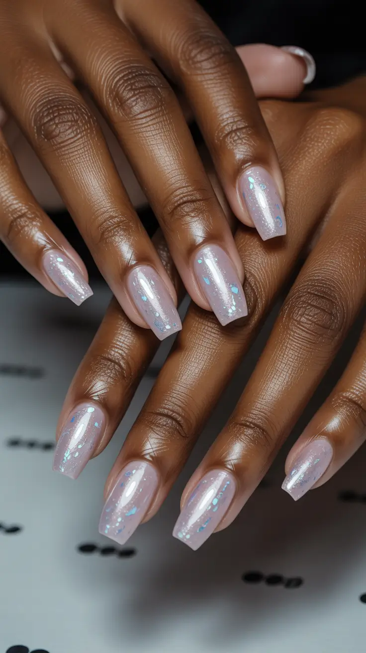 summer nail colors ideas 2026 for dark skin Sheer Pink Sparkle for Soft Glam Days