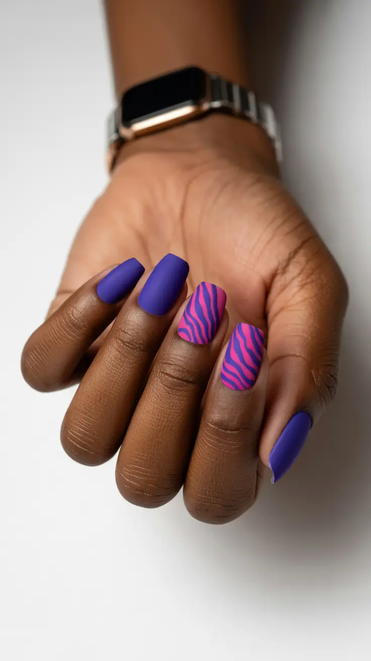 summer nail colors ideas 2026 for dark skin Matte Violet Drama with Graphic Zebra Waves