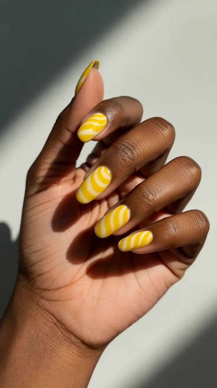 summer nail colors ideas 2026 for dark skin Sunny Yellow Retro Swirl Statement