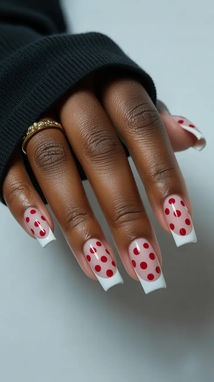 summer nail colors ideas 2026 for dark skin Modern French with Cherry Red Polka Dot Overlay