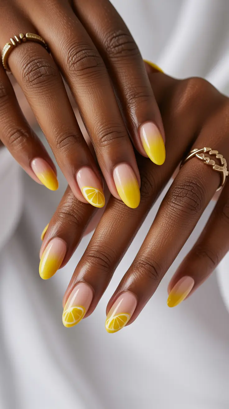 summer nail colors ideas 2026 for dark skin Lemon Ombre Almond Nails with Citrus Detail