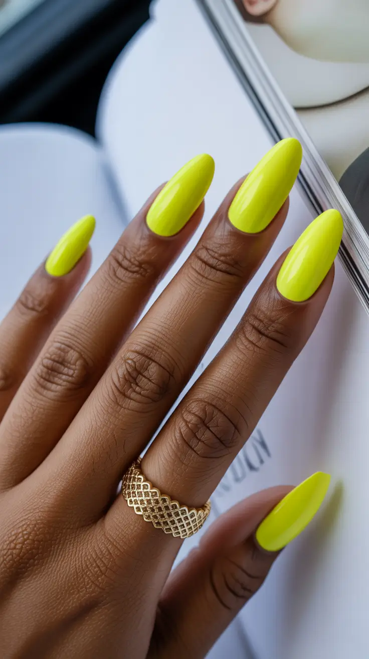 summer nail colors ideas 2026 for dark skin Highlighter Neon Yellow Gloss Statement