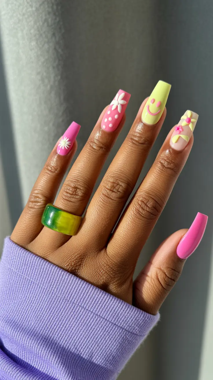summer nail colors ideas 2026 for dark skin Retro Candy Florals and Smiley Accents