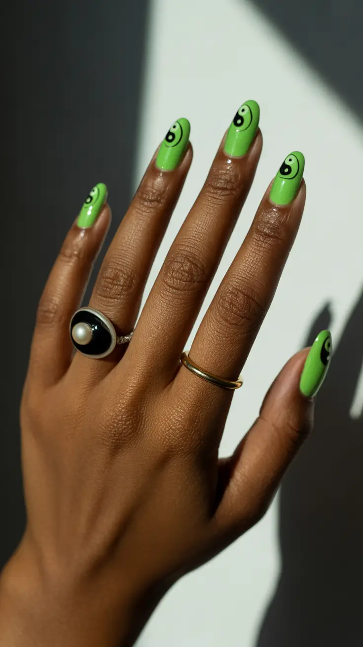 summer nail colors ideas 2026 for dark skin Lime Green Minimalism with Yin-Yang Energy