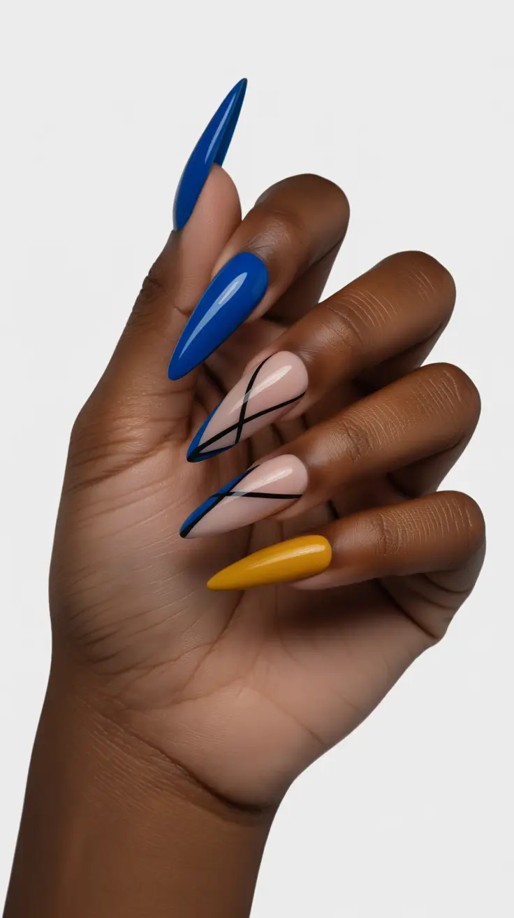 summer nail colors ideas 2026 for dark skin Electric Blue Geometry on Sculpted Almond Tips